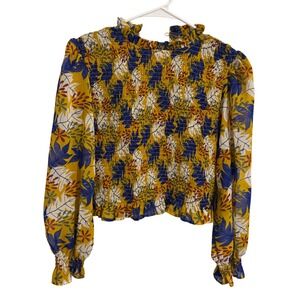 True Destiny Womens Smocked Blouse Mustard Yellow Blue Leaf Print Mock Neck Med
